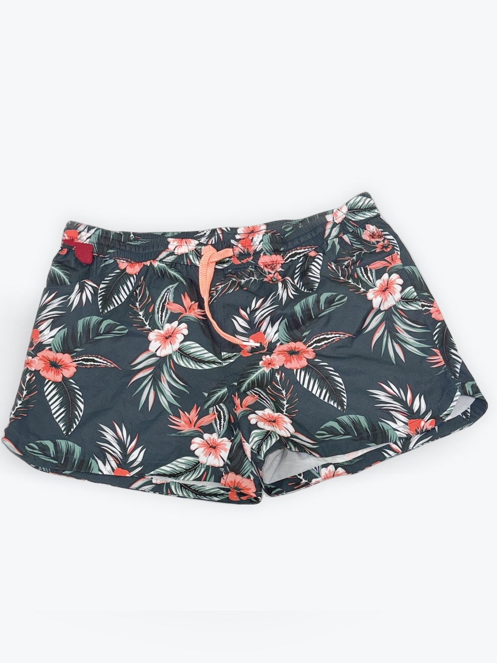 Women's Tropical Floral Drawstring Athletic Shorts - Coral on Dark Green - XL